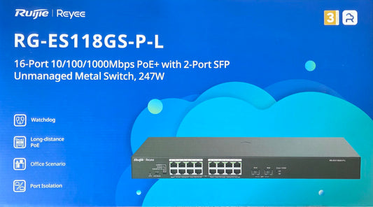 Ruijie RG-ES118GS-P-L 16 Port PoE+ with 2 port SFP unmanaged 247w Switch